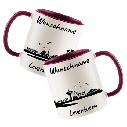 Tasse in Bordeauxrot 330ml bedruckt mit der Skyline von Leverkusen personalisierbar mit Wunschname
