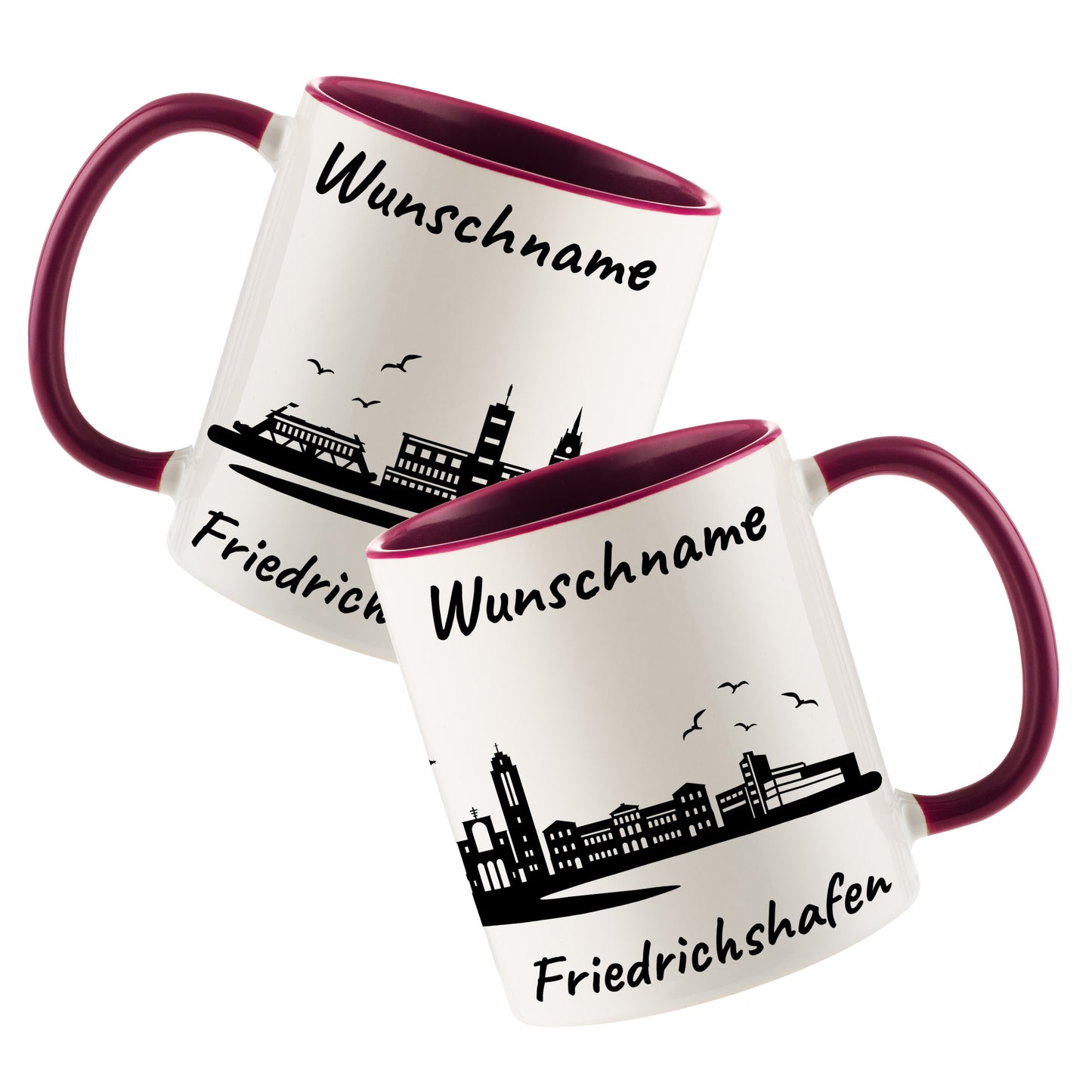 Tasse in Bordeauxrot 330ml bedruckt mit der Skyline von Friedrichshafen personalisierbar mit Wunschname