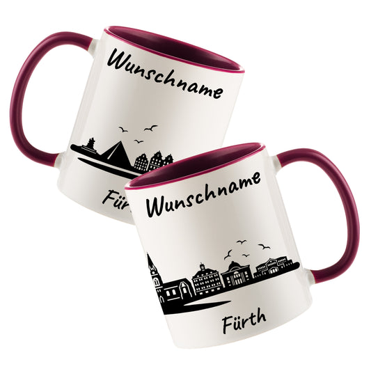 Tasse in Bordeauxrot 330ml bedruckt mit der Skyline von Fürth personalisierbar mit Wunschname