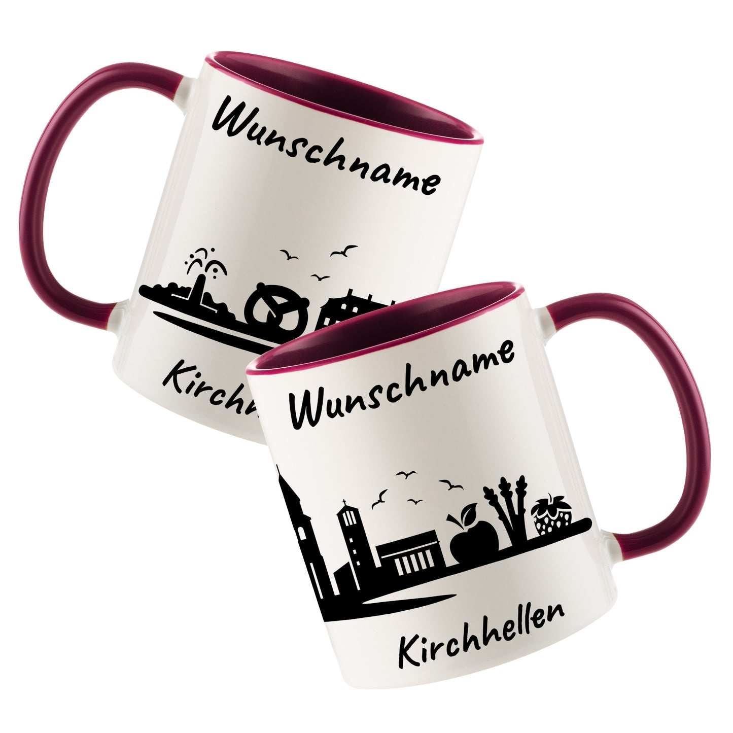 Tasse in Bordeauxrot 330ml bedruckt mit der Skyline von Kirchhellen personalisierbar mit Wunschname