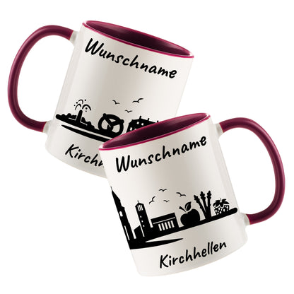 Tasse in Bordeauxrot 330ml bedruckt mit der Skyline von Kirchhellen personalisierbar mit Wunschname