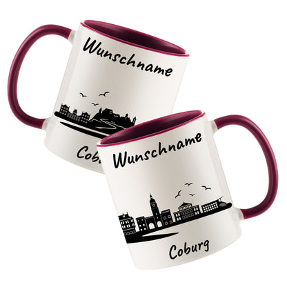 Tasse in Bordeauxrot 330ml bedruckt mit der Skyline von Coburg personalisierbar mit Wunschname