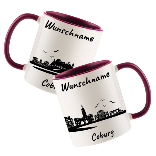 Tasse in Bordeauxrot 330ml bedruckt mit der Skyline von Coburg personalisierbar mit Wunschname