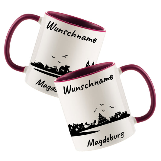 Tasse in Bordeauxrot 330ml bedruckt mit der Skyline von Magdeburg personalisierbar mit Wunschname