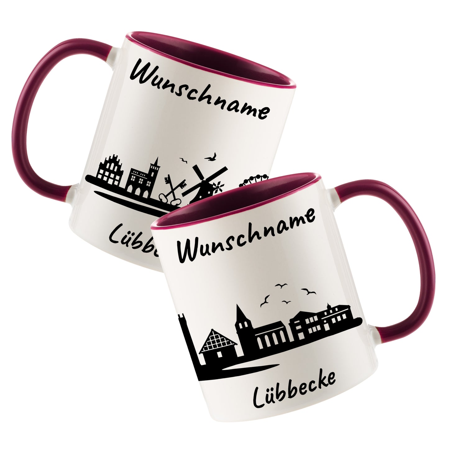 Tasse in Bordeauxrot 330ml bedruckt mit der Skyline von Lübbecke personalisierbar mit Wunschname