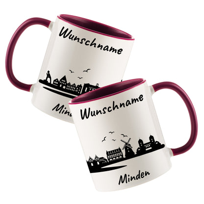 Tasse in Bordeauxrot 330ml bedruckt mit der Skyline von Minden personalisierbar mit Wunschname