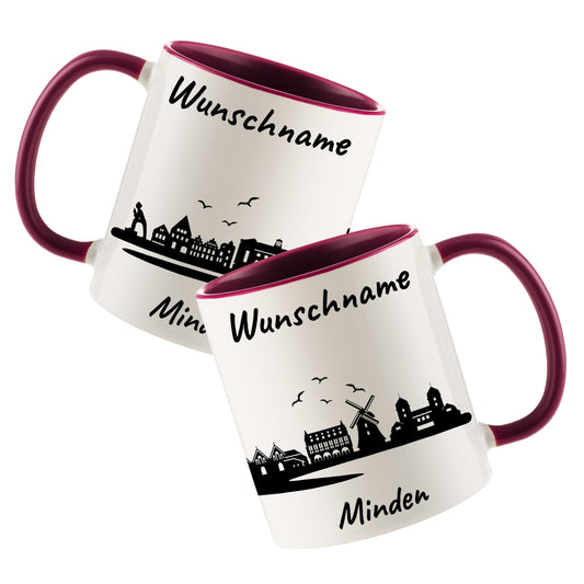 Tasse in Bordeauxrot 330ml bedruckt mit der Skyline von Minden personalisierbar mit Wunschname
