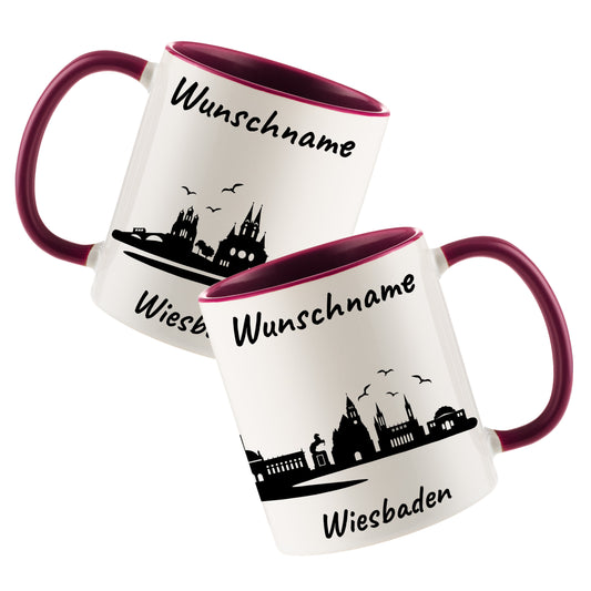 Tasse in Bordeauxrot 330ml bedruckt mit der Skyline von Wiesbaden personalisierbar mit Wunschname