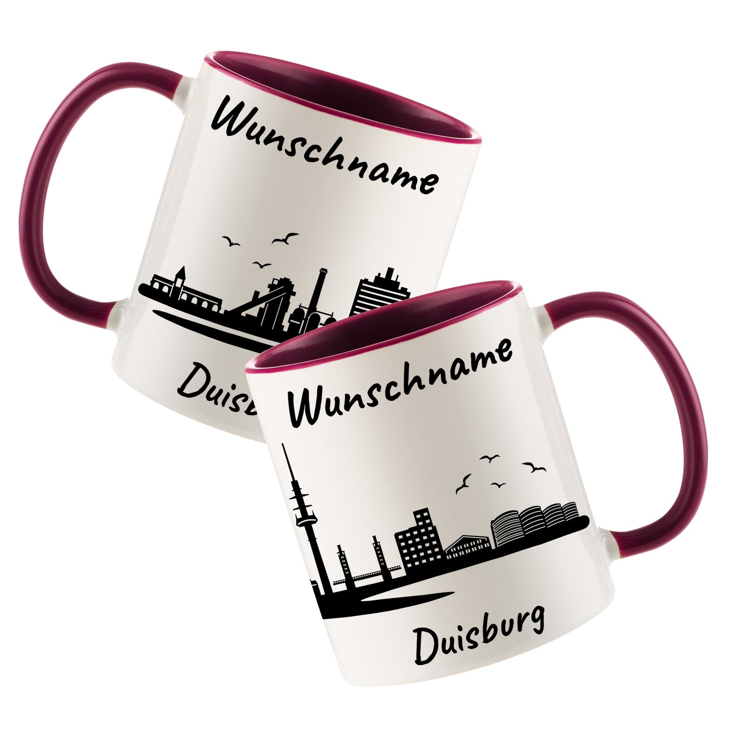 Tasse in Bordeauxrot 330ml bedruckt mit der Skyline von Duisburg personalisierbar mit Wunschname