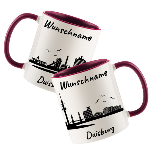Tasse in Bordeauxrot 330ml bedruckt mit der Skyline von Duisburg personalisierbar mit Wunschname