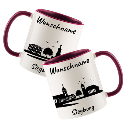 Tasse in Bordeauxrot 330ml bedruckt mit der Skyline von Siegburg personalisierbar mit Wunschname