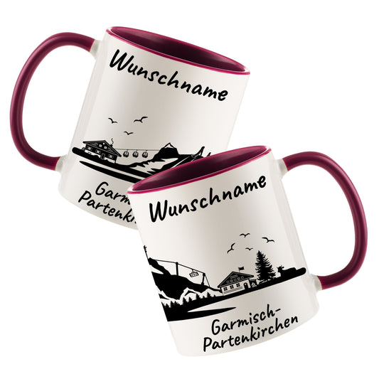 Tasse in Bordeauxrot 330ml bedruckt mit der Skyline von Garmisch-Partenkirchen personalisierbar mit Wunschname