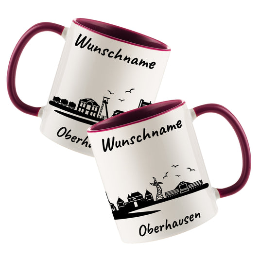 Tasse in Bordeauxrot 330ml bedruckt mit der Skyline von Oberhausen personalisierbar mit Wunschname