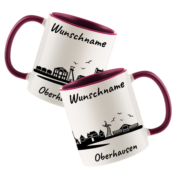 Tasse in Bordeauxrot 330ml bedruckt mit der Skyline von Oberhausen personalisierbar mit Wunschname