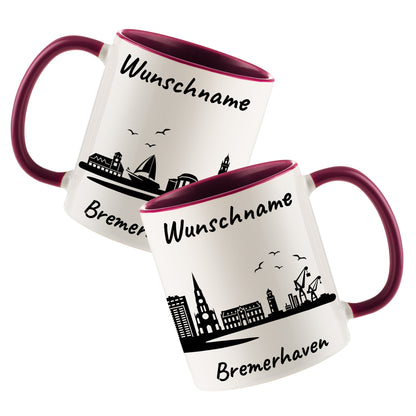 Tasse in Bordeauxrot 330ml bedruckt mit der Skyline von Bremerhaven personalisierbar mit Wunschname