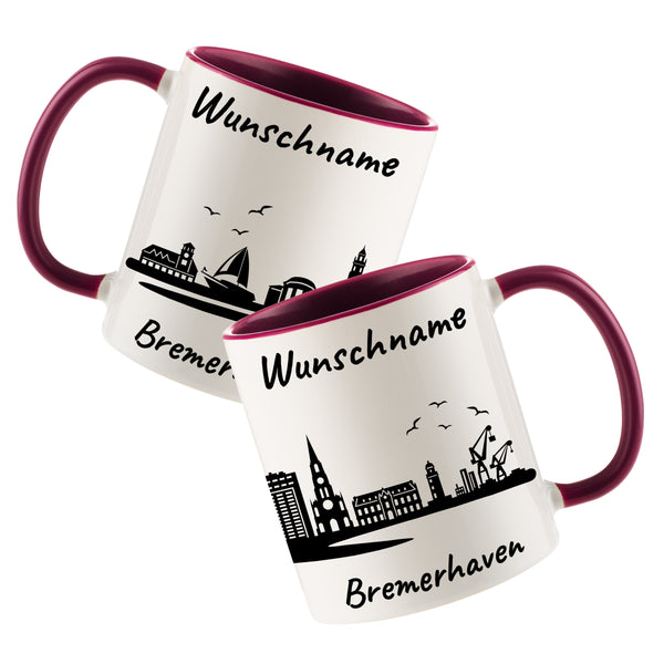 Tasse in Bordeauxrot 330ml bedruckt mit der Skyline von Bremerhaven personalisierbar mit Wunschname