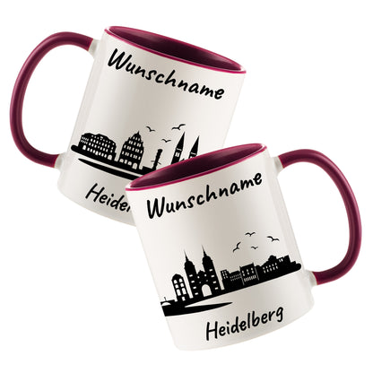 Tasse in Bordeauxrot 330ml bedruckt mit der Skyline von Heidelberg personalisierbar mit Wunschname