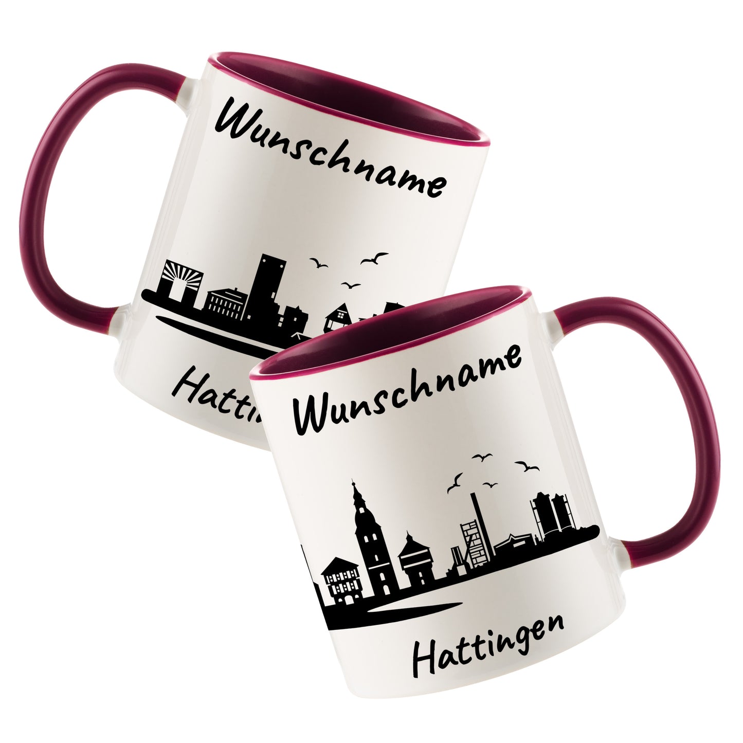 Tasse in Bordeauxrot 330ml bedruckt mit der Skyline von Hattingen personalisierbar mit Wunschname