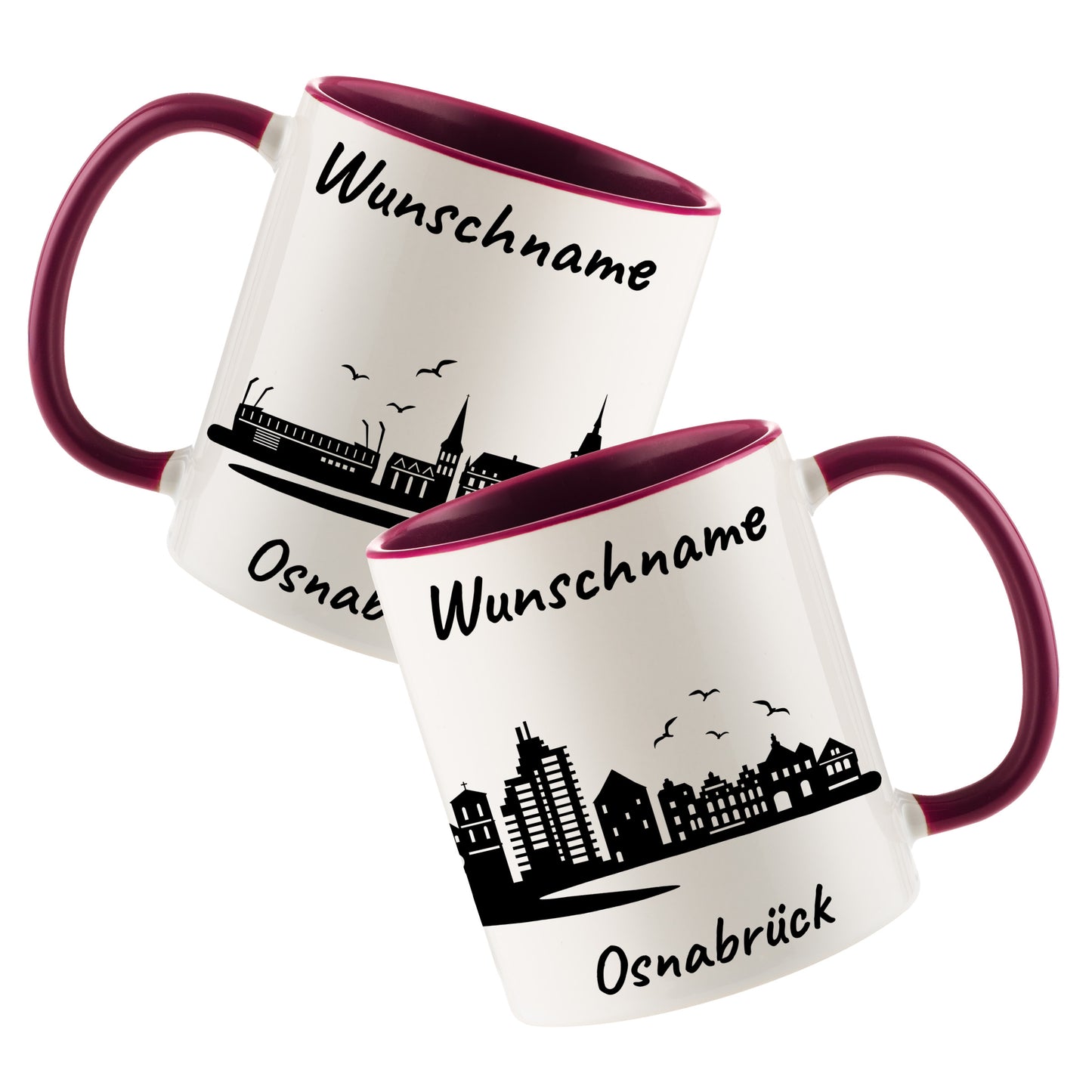 Tasse in Bordeauxrot 330ml bedruckt mit der Skyline von Osnabrück personalisierbar mit Wunschname