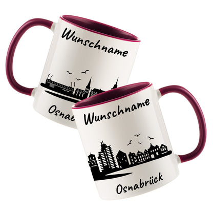 Tasse in Bordeauxrot 330ml bedruckt mit der Skyline von Osnabrück personalisierbar mit Wunschname