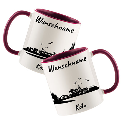 Tasse in Bordeauxrot 330ml bedruckt mit der Skyline von Köln personalisierbar mit Wunschname