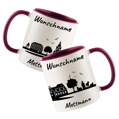 Tasse in Bordeauxrot 330ml bedruckt mit der Skyline von Mettmann personalisierbar mit Wunschname