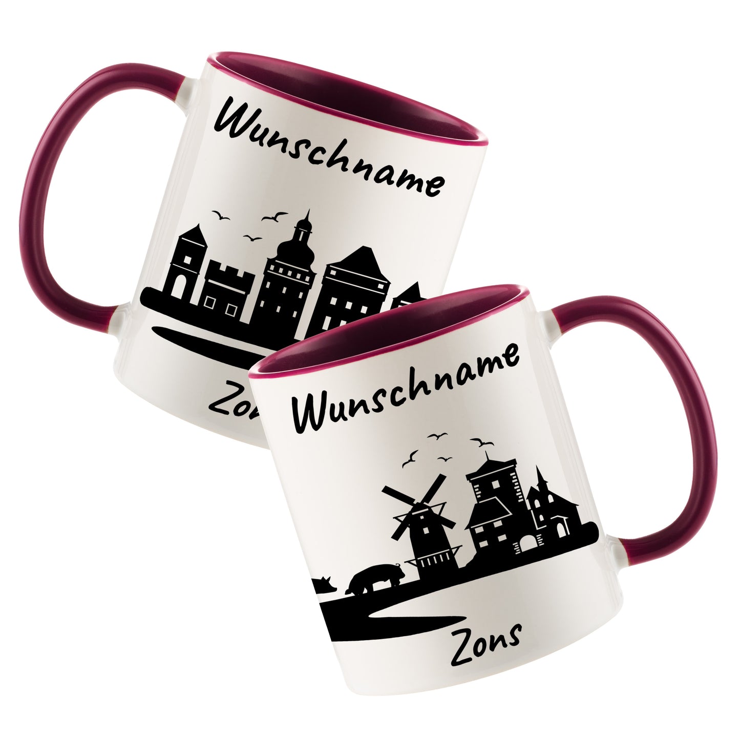 Tasse in Bordeauxrot 330ml bedruckt mit der Skyline von Zons (Dormagen) personalisierbar mit Wunschname