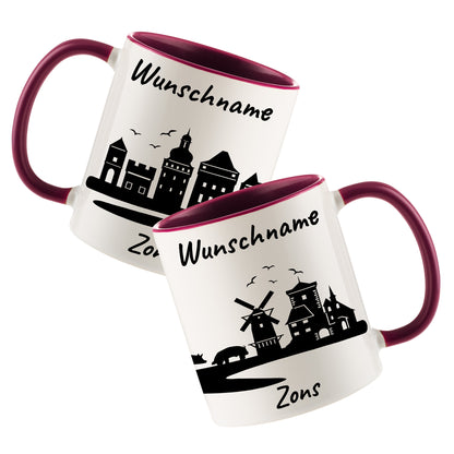 Tasse in Bordeauxrot 330ml bedruckt mit der Skyline von Zons (Dormagen) personalisierbar mit Wunschname