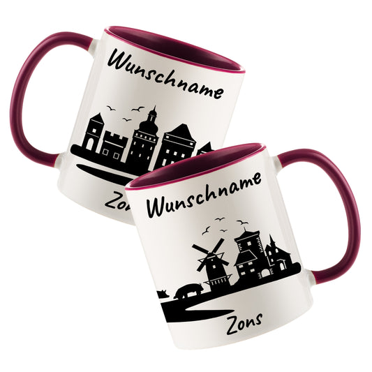Tasse in Bordeauxrot 330ml bedruckt mit der Skyline von Zons (Dormagen) personalisierbar mit Wunschname