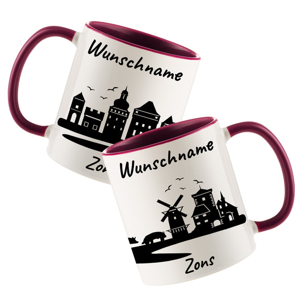 Tasse in Bordeauxrot 330ml bedruckt mit der Skyline von Zons (Dormagen) personalisierbar mit Wunschname