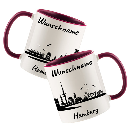 Tasse in Bordeauxrot 330ml bedruckt mit der Skyline von Hamburg personalisierbar mit Wunschname