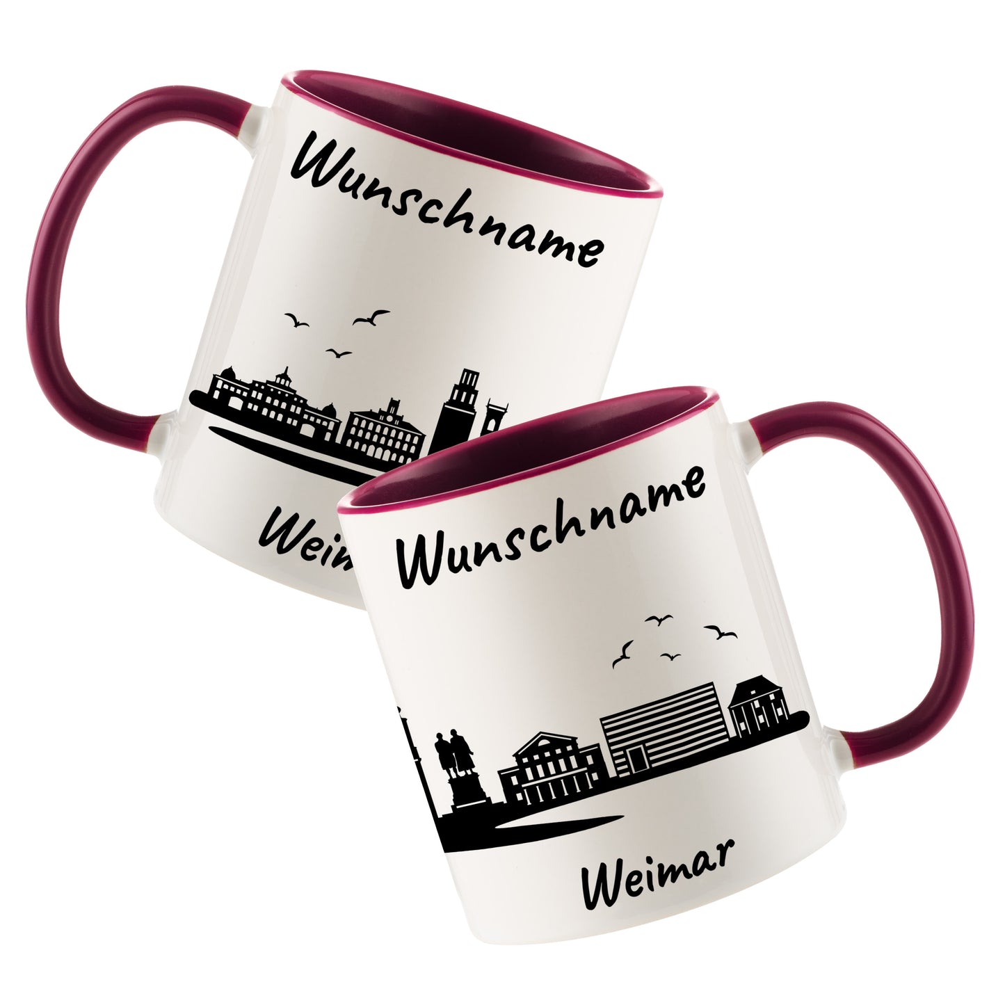 Tasse in Bordeauxrot 330ml bedruckt mit der Skyline von Weimar personalisierbar mit Wunschname