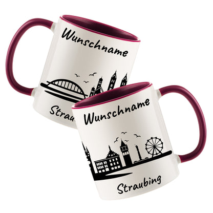 Tasse in Bordeauxrot 330ml bedruckt mit der Skyline von Straubing personalisierbar mit Wunschname