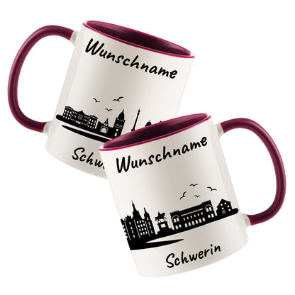Tasse in Bordeauxrot 330ml bedruckt mit der Skyline von Schwerin personalisierbar mit Wunschname