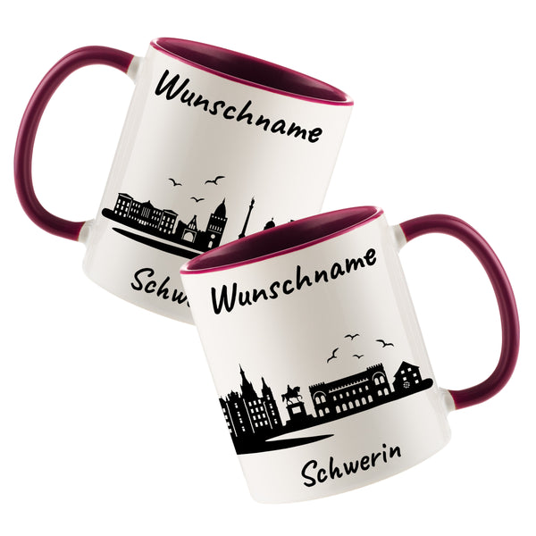 Tasse in Bordeauxrot 330ml bedruckt mit der Skyline von Schwerin personalisierbar mit Wunschname