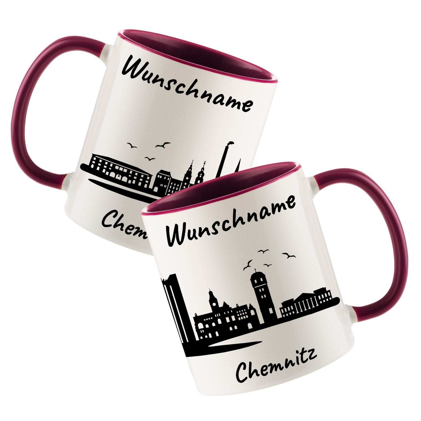Tasse in Bordeauxrot 330ml bedruckt mit der Skyline von Chemnitz personalisierbar mit Wunschname