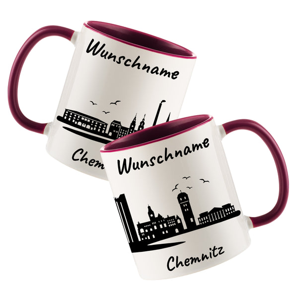 Tasse in Bordeauxrot 330ml bedruckt mit der Skyline von Chemnitz personalisierbar mit Wunschname