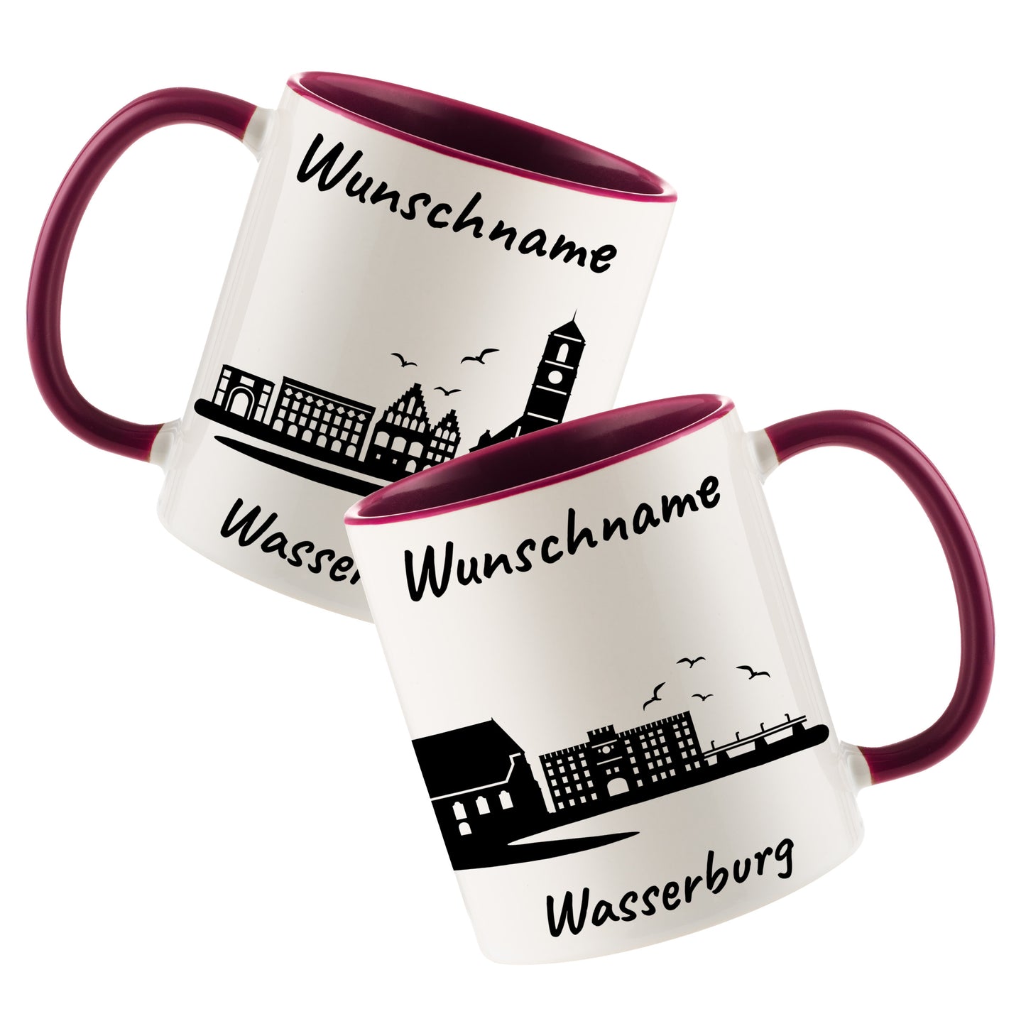 Tasse in Bordeauxrot 330ml bedruckt mit der Skyline von Wasserburg personalisierbar mit Wunschname