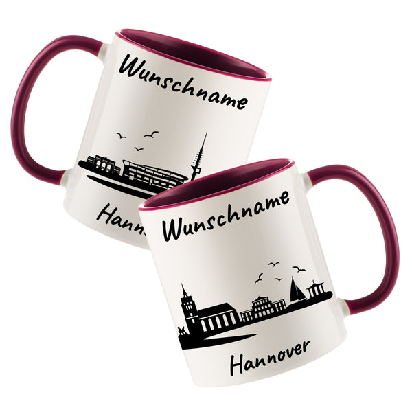 Tasse in Bordeauxrot 330ml bedruckt mit der Skyline von Hannover personalisierbar mit Wunschname