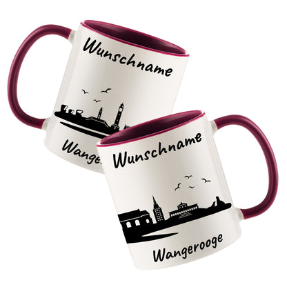 Tasse in Bordeauxrot 330ml bedruckt mit der Skyline von Wangerooge personalisierbar mit Wunschname