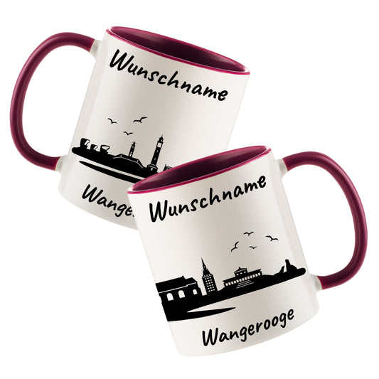 Tasse in Bordeauxrot 330ml bedruckt mit der Skyline von Wangerooge personalisierbar mit Wunschname
