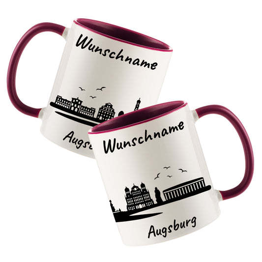 Tasse in Bordeauxrot 330ml bedruckt mit der Skyline von Augsburg personalisierbar mit Wunschname