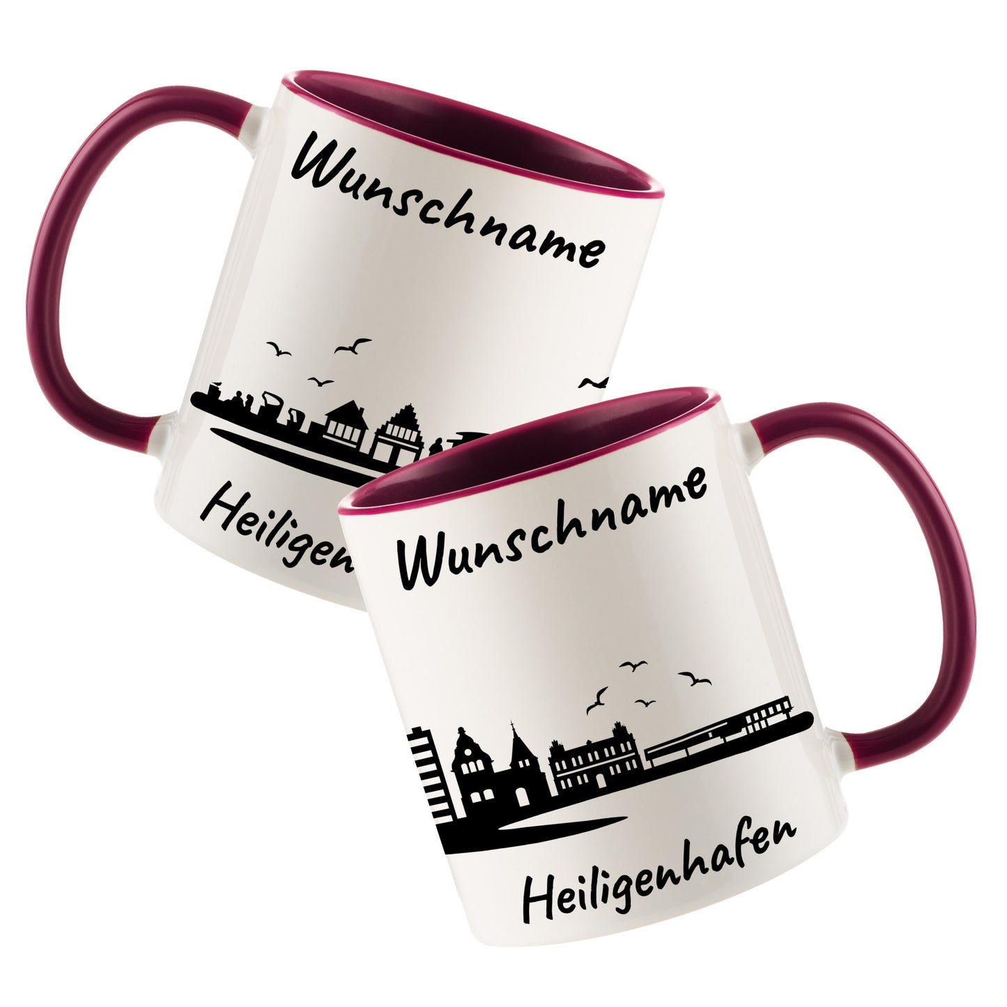 Tasse in Bordeauxrot 330ml bedruckt mit der Skyline von Heiligenhafen personalisierbar mit Wunschname