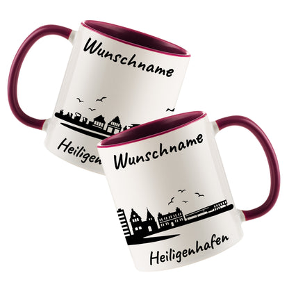 Tasse in Bordeauxrot 330ml bedruckt mit der Skyline von Heiligenhafen personalisierbar mit Wunschname