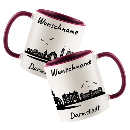Tasse in Bordeauxrot 330ml bedruckt mit der Skyline von Darmstadt personalisierbar mit Wunschname