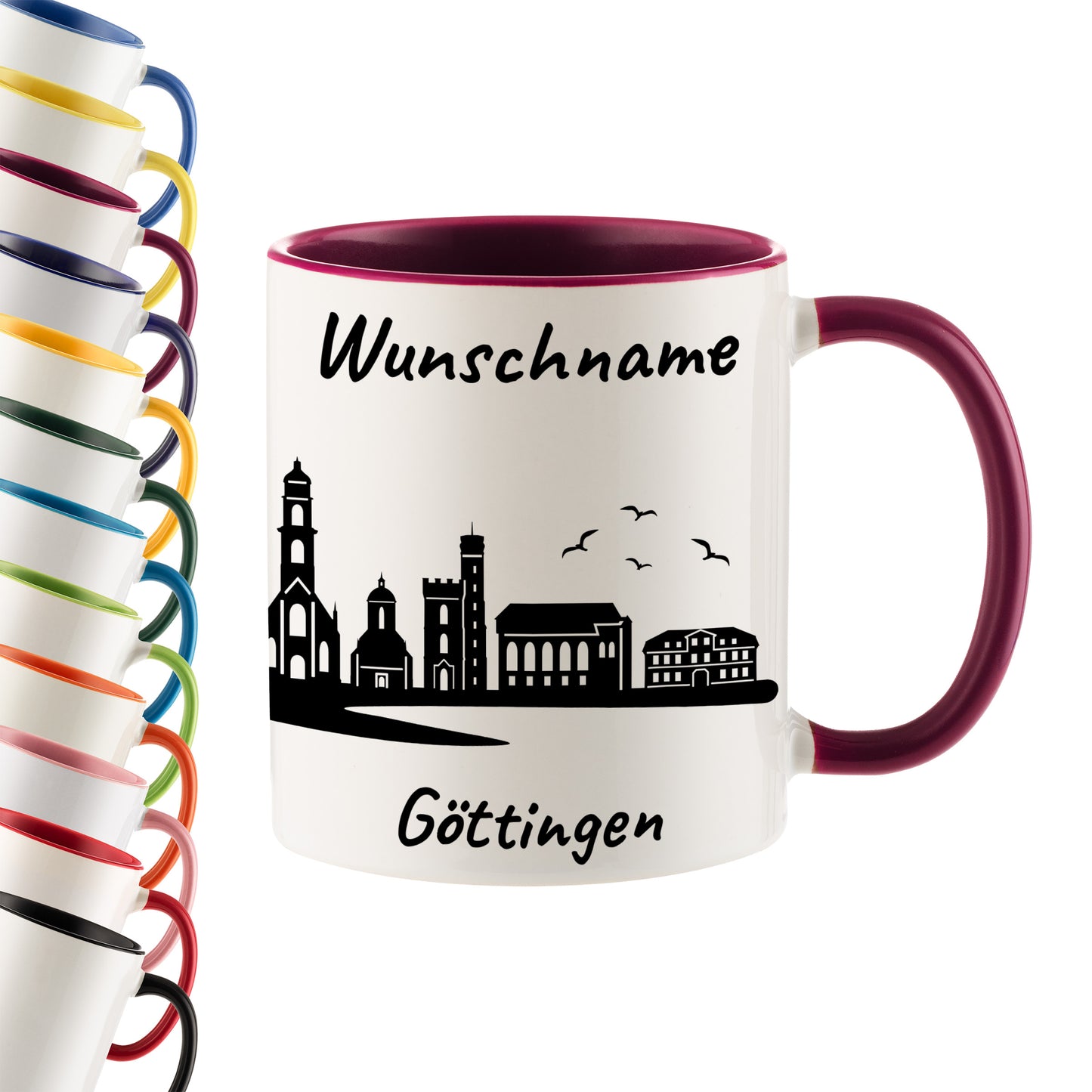 Tasse in Bordeauxrot 330ml bedruckt mit der Skyline von Göttingen personalisierbar mit Wunschname