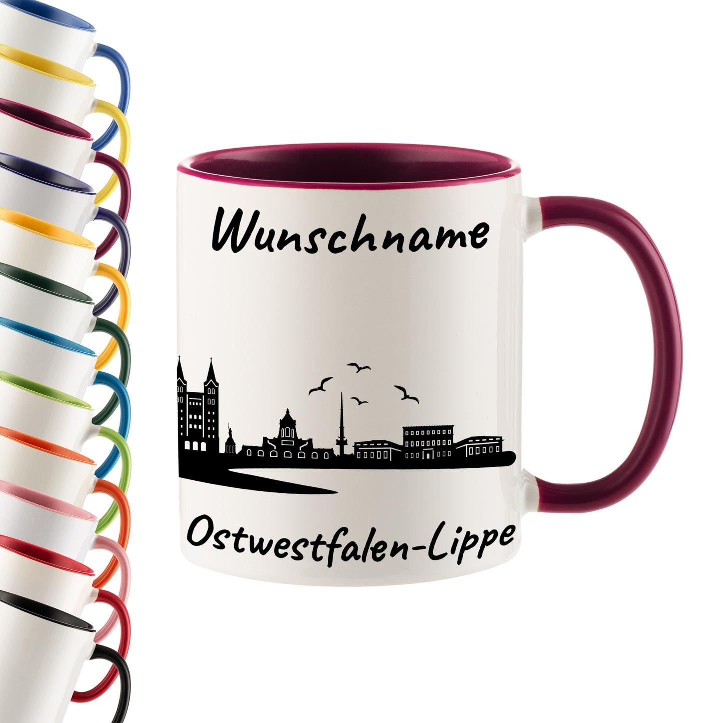 Tasse in Bordeauxrot 330ml bedruckt mit der Skyline von Ostwestfalen-Lippe personalisierbar mit Wunschname