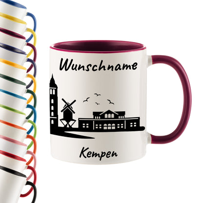 Tasse in Bordeauxrot 330ml bedruckt mit der Skyline von Kempen personalisierbar mit Wunschname