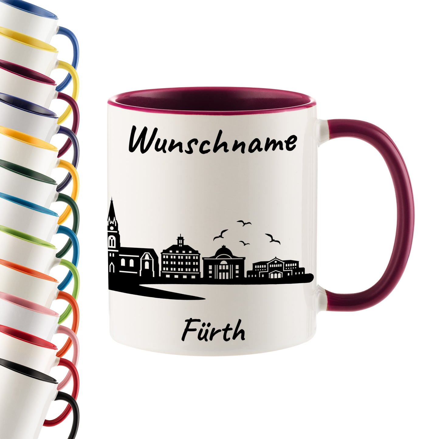 Tasse in Bordeauxrot 330ml bedruckt mit der Skyline von Fürth personalisierbar mit Wunschname