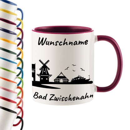Tasse in Bordeauxrot 330ml bedruckt mit der Skyline von Bad Zwischenahn personalisierbar mit Wunschname